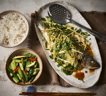 Steamed sea bass with ginger and spring onion