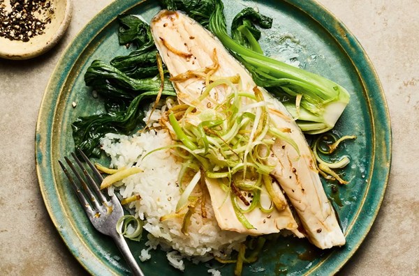 Steamed sea bass with ginger, rice & tatsoi