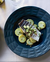 Steamed sea bass with potatoes and avocado-tarragon salsa