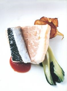 Steamed smoky sea bass with candied aubergine