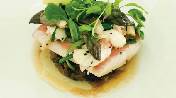 Steamed snapper, scampi stir-fry, miso eggplant and ginger vinaigrette