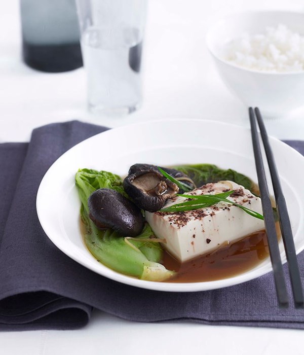 Steamed tofu, gai choy and shiitake mushrooms