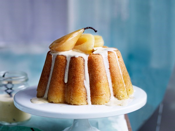 Steamed vanilla pudding with pears & vanilla crème Anglaise