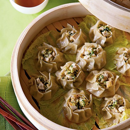 Steamed vegetable sui-mai dumplings with chili-sesame oil