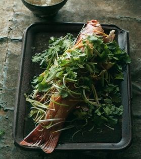 Steamed whole coral trout with ginger & spring onions