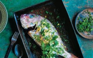 Steamed whole fish with ginger and spring onions