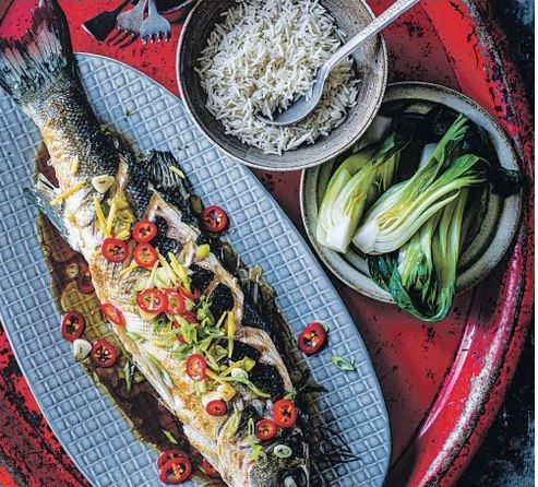Steamed whole sea bass