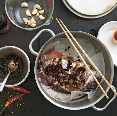 Steamed whole snapper and mustard greens with black beans and chilli
