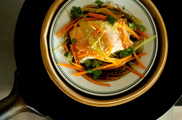 Steamed wild salmon with ginger veggie broth