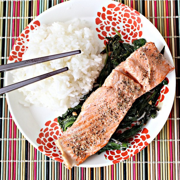 Steamed wild salmon with mizuna, mustard greens, soy sauce and ginger