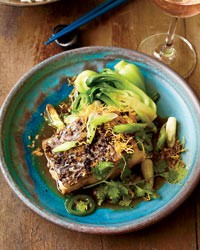 Steamed wild striped bass with ginger and scallions