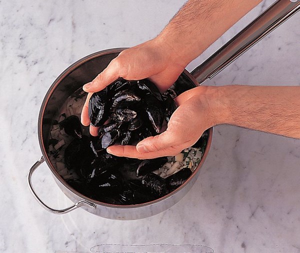 Steaming mussels open