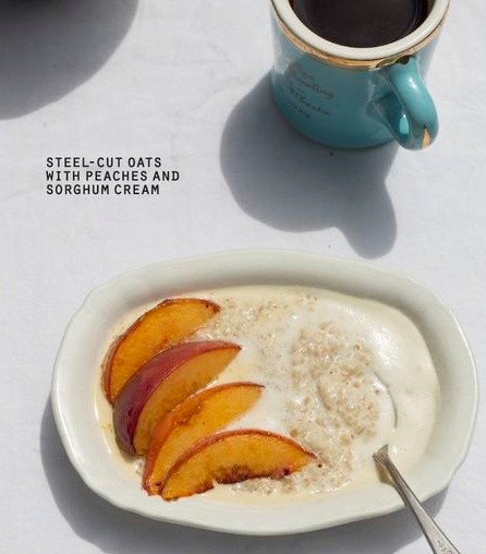 Steel-cut oats with peaches and sorghum cream