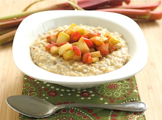 Steel cut oats with rhubarb and apple topping