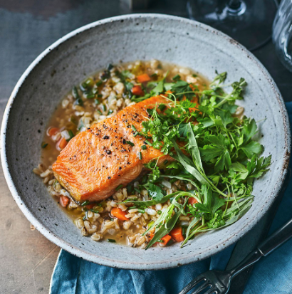 Steelhead trout with creamy barley & herb salad