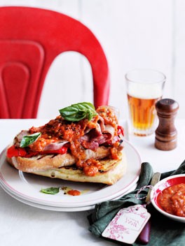 Stephanie Alexander's fried ham with homemade tomato sauce and grilled bread