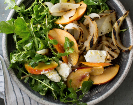 Steven Satterfield's grilled Vidalia onion, peach & arugula salad