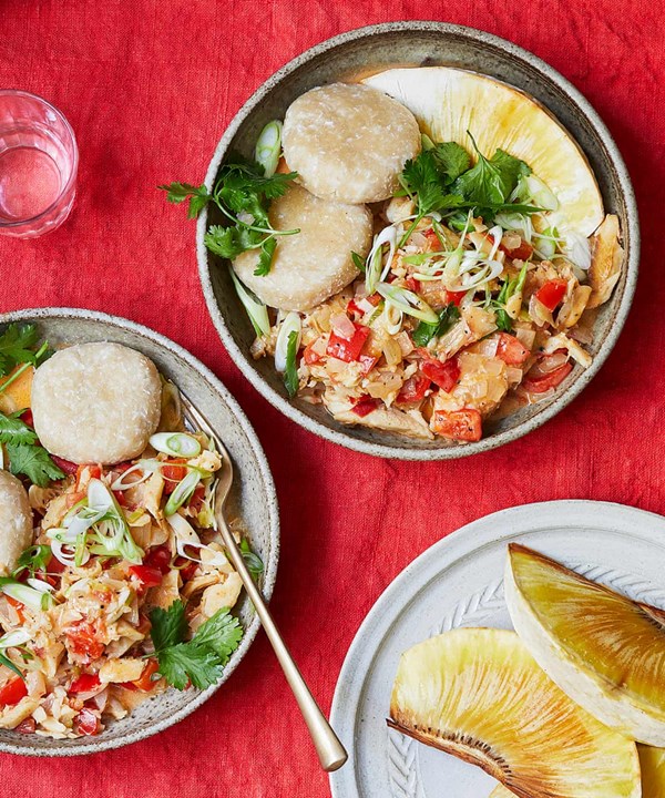 Stew saltfish with coconut dumplings