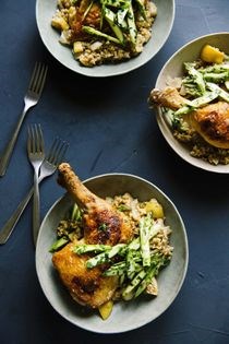 Stewed freekeh + chicken w/asparagus + lemon oil