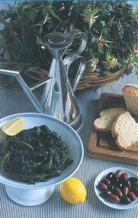 Stewed greens and zucchini in lemon vinaigrette (Horta ke kolokythia vrasta)