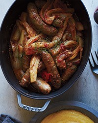 Stewed sweet sausages in fennel-tomato sauce