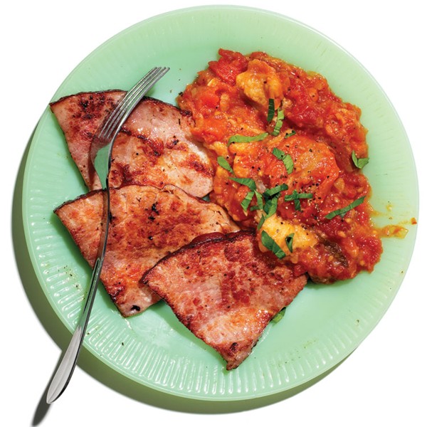 Stewed tomatoes with ham steaks