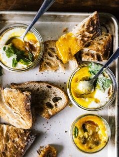 Stewy eggplant and tomato coddled eggs
