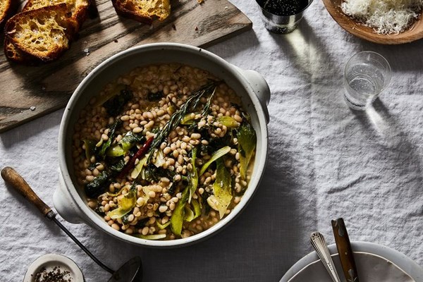 Stewy white beans with escarole, garlic, and sizzled rosemary