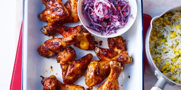 Sticky Asian BBQ chicken wings with sweet corn rice & red cabbage slaw