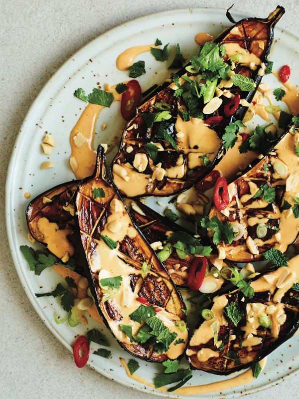 Sticky aubergine and peanut salad