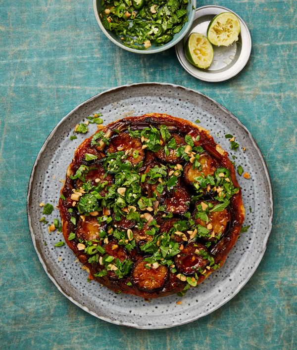 Sticky aubergine, peanut and herb tarte Tatin