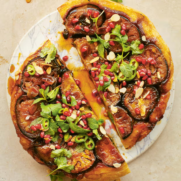 Sticky aubergine, pomegranate and herb tart
