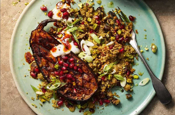 Sticky baked aubergines with jewelled couscous