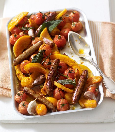 Sticky baked tomatoes, sausages and squash