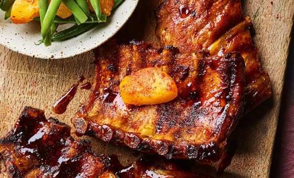 Sticky barbacoa ribs with grilled peach & bean salad