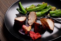 Sticky barbecued pork with Asian greens