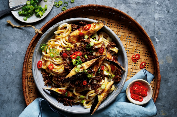 Sticky beef and eggplant udon noodles
