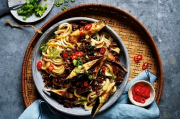 Sticky beef and eggplant udon