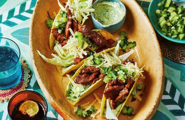 Sticky beef tacos with creamy avocado dressing
