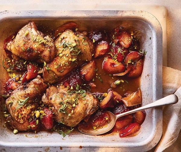 Sticky chicken & plum traybake