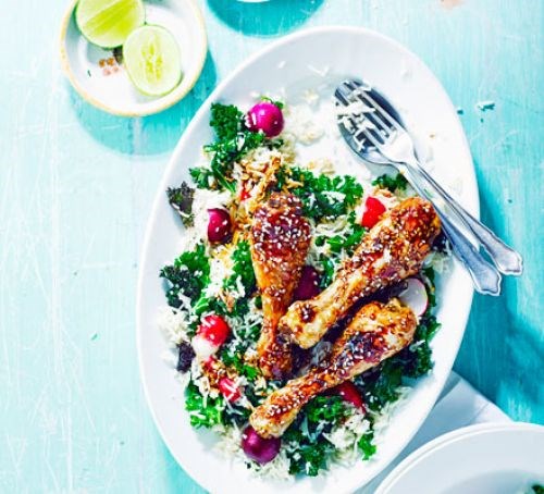 Sticky chicken drumsticks & sesame rice salad 