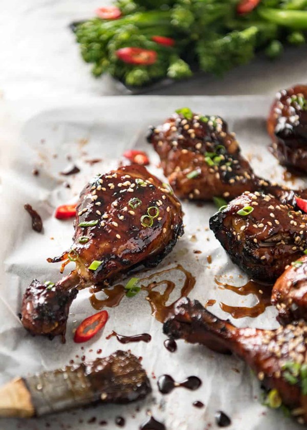 Sticky chicken drumsticks in Chinese plum sauce