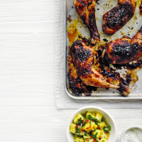 Sticky chicken legs with pineapple salsa and jalapeño mayo