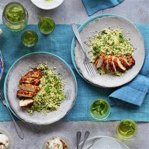 Sticky chicken with harissa and green couscous