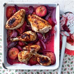 Sticky chicken with plums