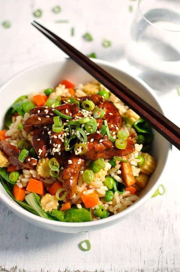 Sticky chicken with vegetable fried rice