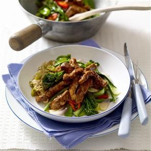 Sticky chilli and black bean pork with egg-fried rice