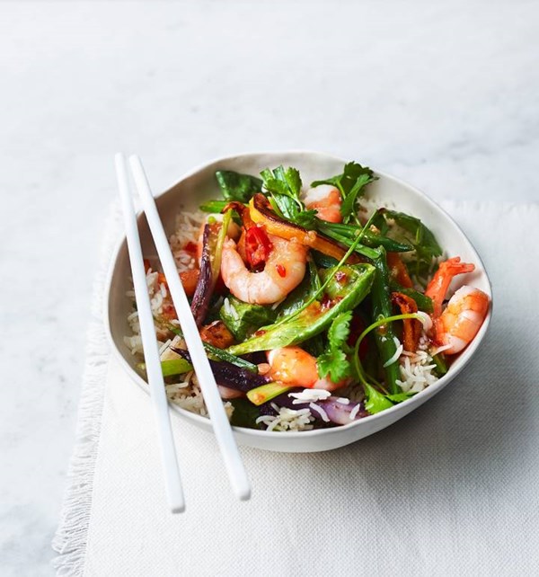 Sticky chilli prawns