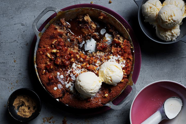Sticky date pudding with banana praline