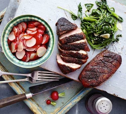 Sticky duck with Chinese pickled radishes